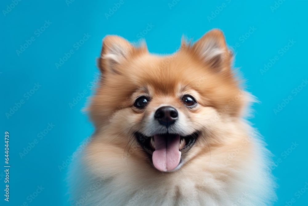 Close-up portrait photography of a smiling pomeranian wearing a paw protector against a soft blue background. With generative AI technology