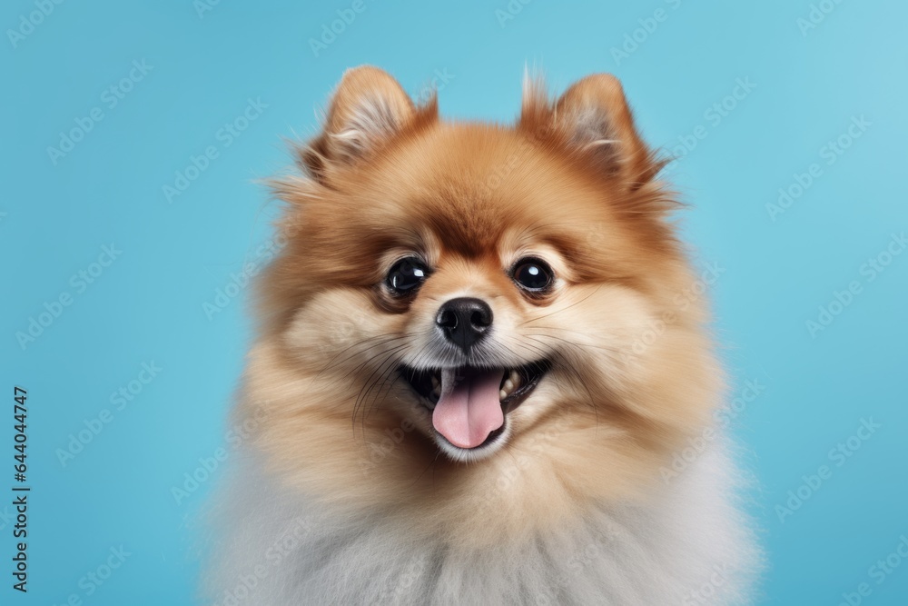 Close-up portrait photography of a smiling pomeranian wearing a paw protector against a soft blue background. With generative AI technology Close-up portrait photography of a smiling pomeranian wearing a paw protector against a soft blue background. With generative AI technology