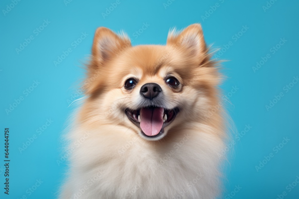 Close-up portrait photography of a smiling pomeranian wearing a paw protector against a soft blue background. With generative AI technology