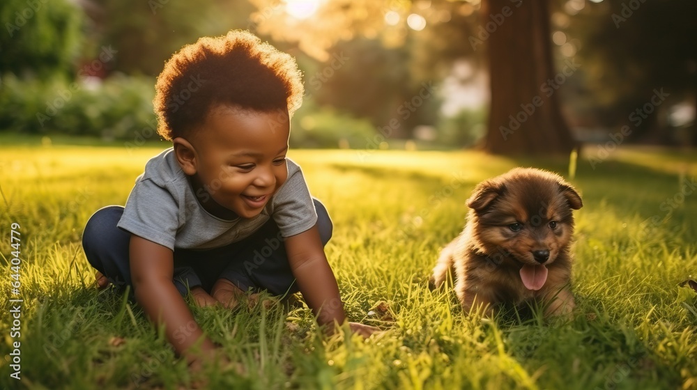 cute little young black african american baby playing with his dog puppy outside of his home in the garden cute little young black african american baby playing with his dog puppy outside of his home in the garden