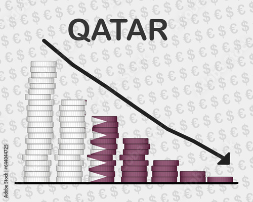 Qatar economic collapse, decreasing values with coins, crisis and downgrade concept