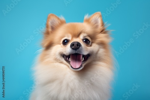 Close-up portrait photography of a smiling pomeranian wearing a paw protector against a soft blue background. With generative AI technology