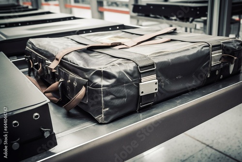 Baggage on airport conveyor belt for air travel. Generative AI