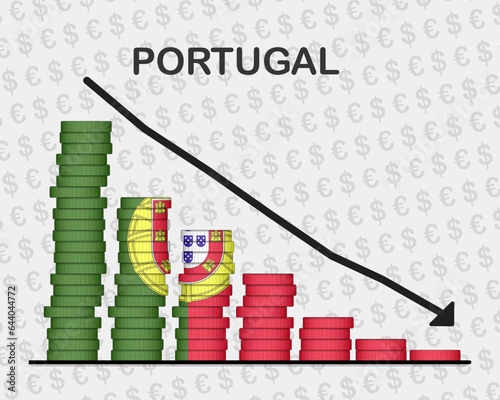 Portugal economic collapse, decreasing values with coins, crisis and downgrade concept