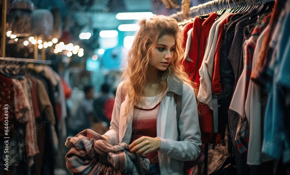 Young woman shopping in a clothing store.