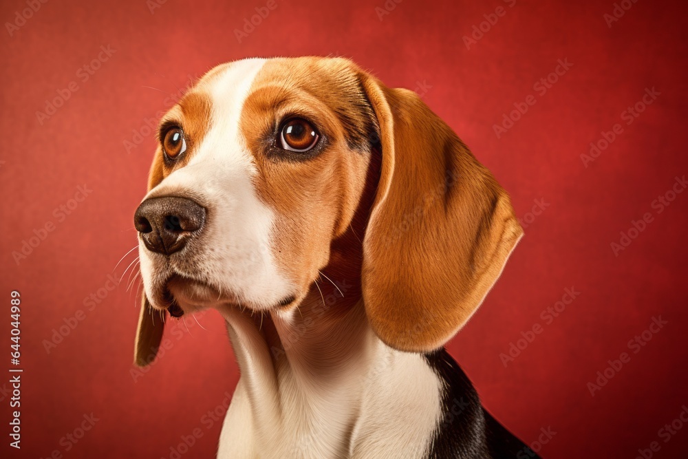 Photography in the style of pensive portraiture of a cute beagle wearing a snood against a rich maroon background. With generative AI technology