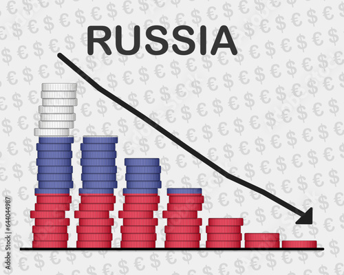 Russia economic collapse, decreasing values with coins, crisis and downgrade concept