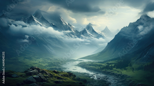 creative illustration of mountains covered with clouds.