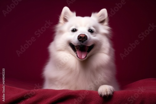 Photography in the style of pensive portraiture of a smiling american eskimo dog wearing a thermal blanket against a rich maroon background. With generative AI technology