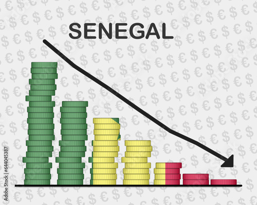 Senegal economic collapse, decreasing values with coins, crisis and downgrade concept