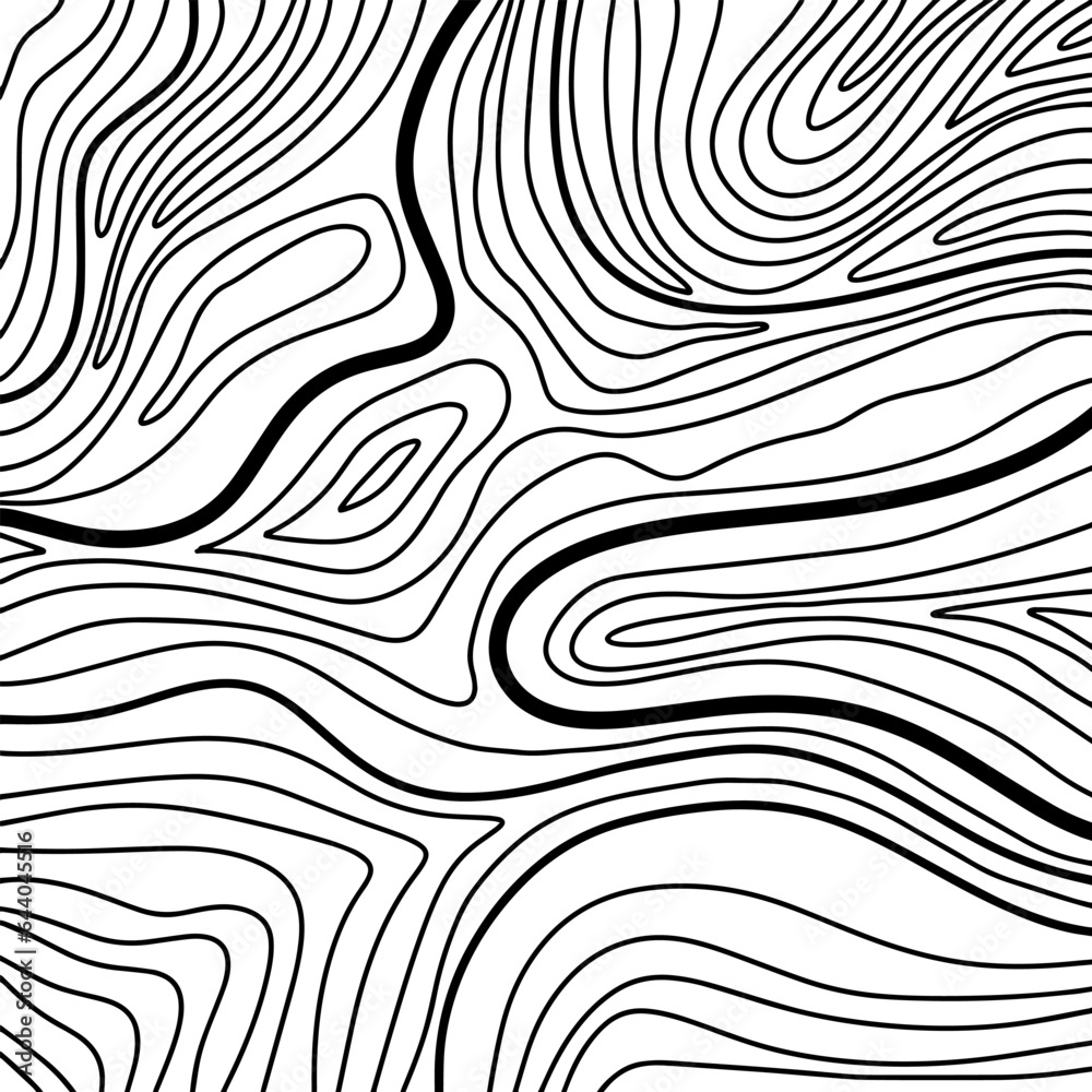 Black and white topographic line contour map background, hand drawn geographic network map