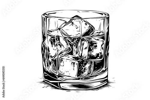 Photo Glass of whiskey or bourbon hand drawn in sketch
