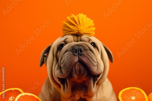 Lifestyle portrait photography of a happy chinese shar pei dog wearing a christmas hat against a tangerine orange background. With generative AI technology