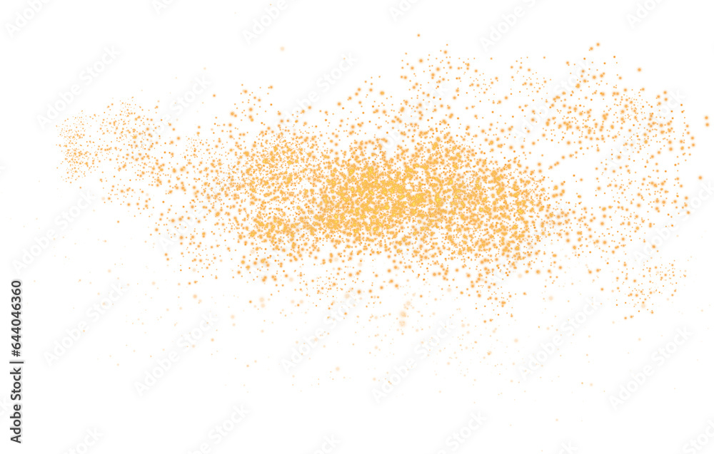 Golden scattering of small particles of sugar crystals, flying salt, top view of baking flour. Golden powder, powdered sugar explosion isolated on transparent background. PNG.