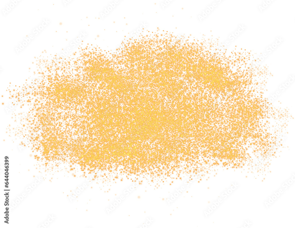 Golden scattering of small particles of sugar crystals, flying salt, top view of baking flour. Golden powder, powdered sugar explosion isolated on transparent background. PNG.