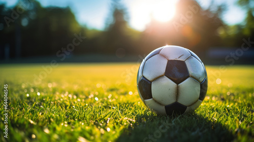 A soccer ball sitting on top of a lush green field © cac_tus