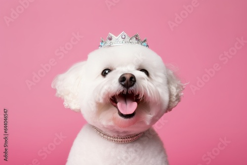 Close-up portrait photography of a happy bichon frise wearing a princess crown against a pastel green background. With generative AI technology photo