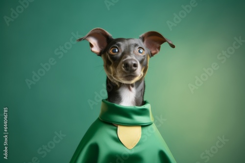 Close-up portrait photography of a smiling italian greyhound dog wearing a superhero costume against a pastel green background. With generative AI technology © Markus Schröder