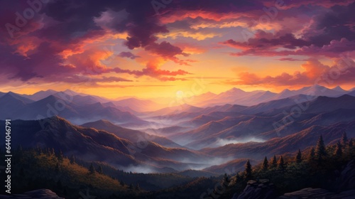 A painting of a sunset in the mountains