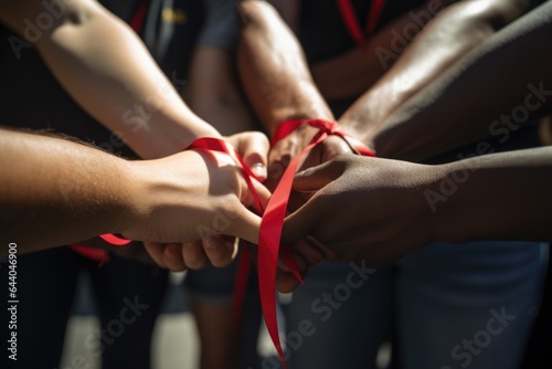 A group of people holding hands in a circle close up, with red ribbons intertwined, illustrating unity in the fight against HIV/AIDS. Generative AI.