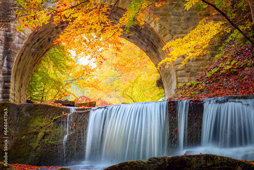 Golden Fall Autumn landscape - river waterfall in colorful autumn forest park with yellow red leaves with old bridge,