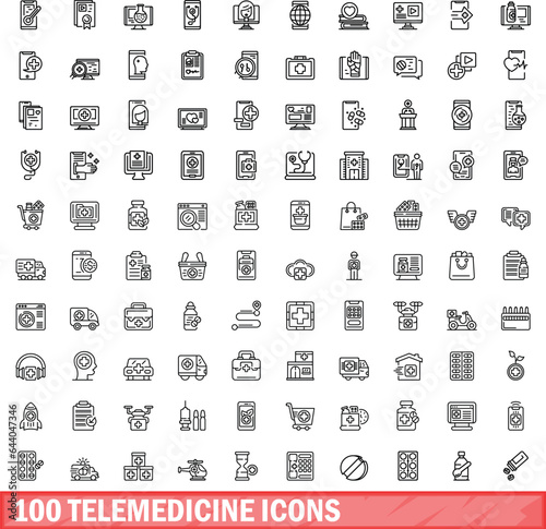 100 telemedicine icons set. Outline illustration of 100 telemedicine icons vector set isolated on white background