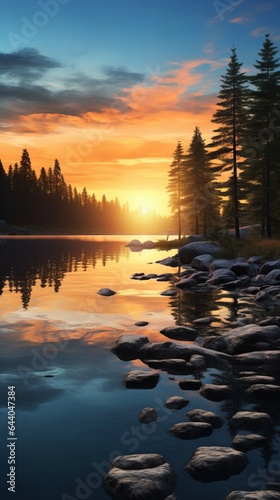 The sun is setting over a calm lake © cac_tus