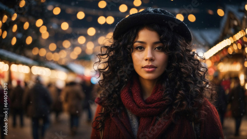 Bella ragazza con capelli scuri e ricci, sciarpa e berretto durante la visita ad un mercatino di Natale  photo