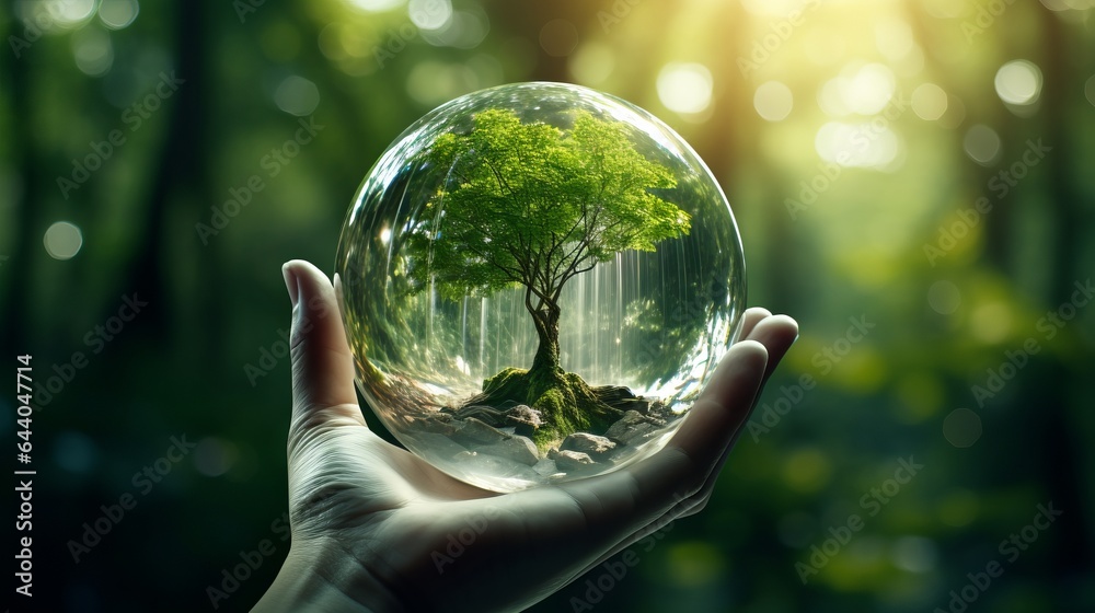 A person holding a glass ball with a tree inside