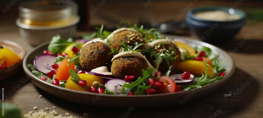 Falafel salad with hummus tahini and colorful vegetables. Generative AI. Falafel salad with hummus tahini and colorful vegetables. Generative AI.