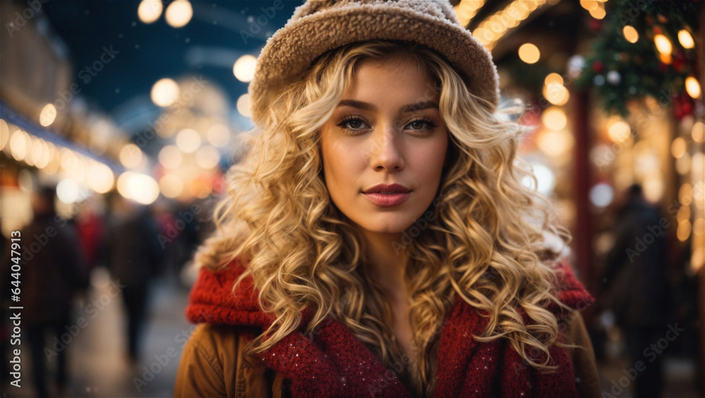Bella ragazza con capelli biondi ricci e berretto visita ad un mercatino di Natale durante una nevicata