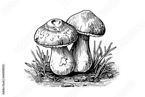 Forest mushrooms hand drawn ink sketch. Engraving vintage style vector illustration.