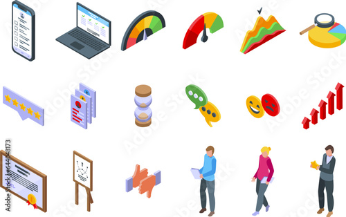 Performance Evaluation icons set isometric vector. Test result. Marketing review