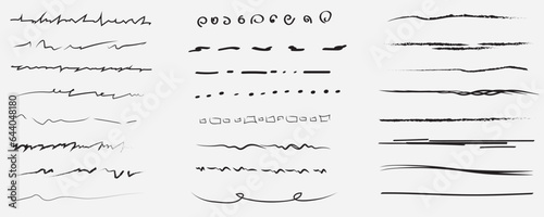 A set of wavy horizontal artistic brushes.Doodles, ink brushes. Set of vector grunge brushes. Collection of marker strokes.