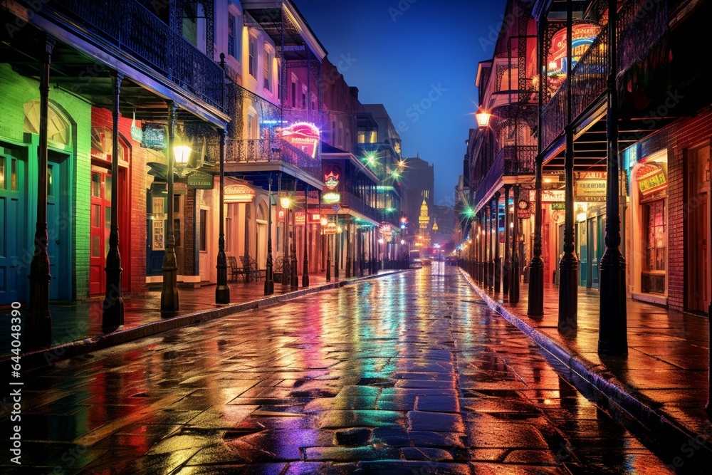 Rain-soaked Bourbon Street in New Orleans after heavy spring downpour. Colored lights reflect off famous street. Generative AI