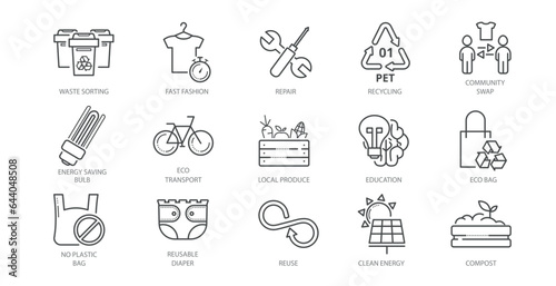 Zero Waste Economy line icon set. waste sorting, fast fashion,community sharing, local food, bicycle, diaper, solar panel, education,light bulb, brain vector illustration.Editable Stroke