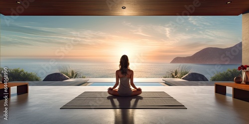 Healthy wellness woman yoga breathing meditating in lotus position. Generative AI © AI Farm