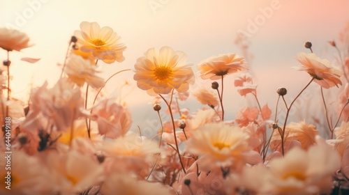 Blurred of peach fuzz color flowers with bokeh soft blur in the pastel vintage retro tone for background. Valentine or wedding invitation card © Татьяна Креминская