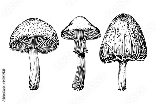 Hand drawn ink sketch of mushrooms set. Engraving vintage style vector illustration.