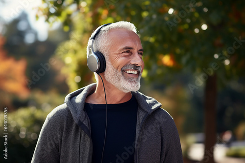 Portrait of a senior man listening to music with headphones in the park