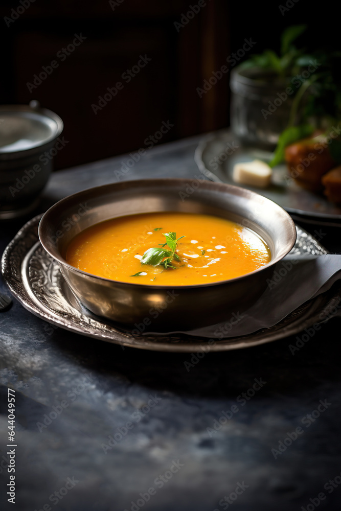 pumpkin soup in an antique dark plate, on top of a dark marble countertop pumpkin soup in an antique dark plate, on top of a dark marble countertop