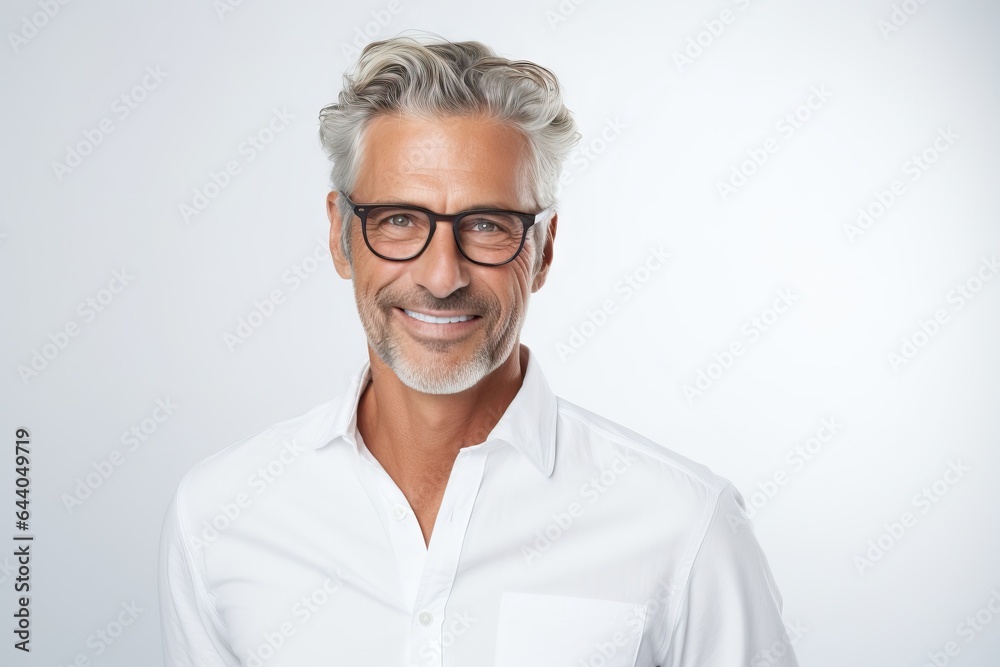 Smiling 60 years old attractive man on white background
