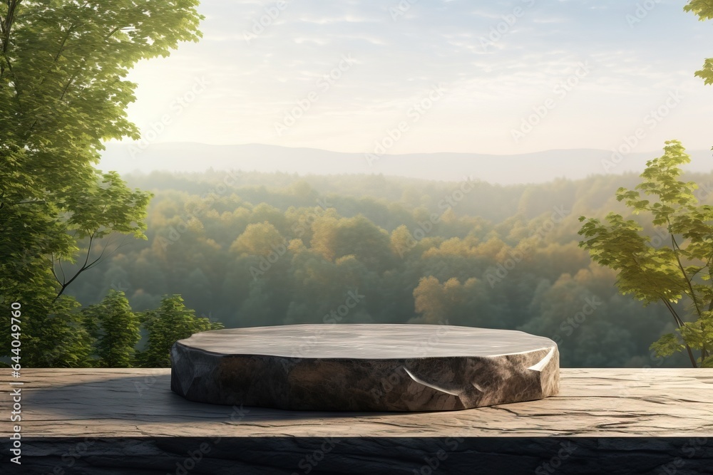 Empty stone table on top of abstract nature landscape Empty stone table on top of abstract nature landscape