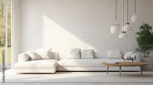 Stylish modern living room with a large white sofa in a minimalist style