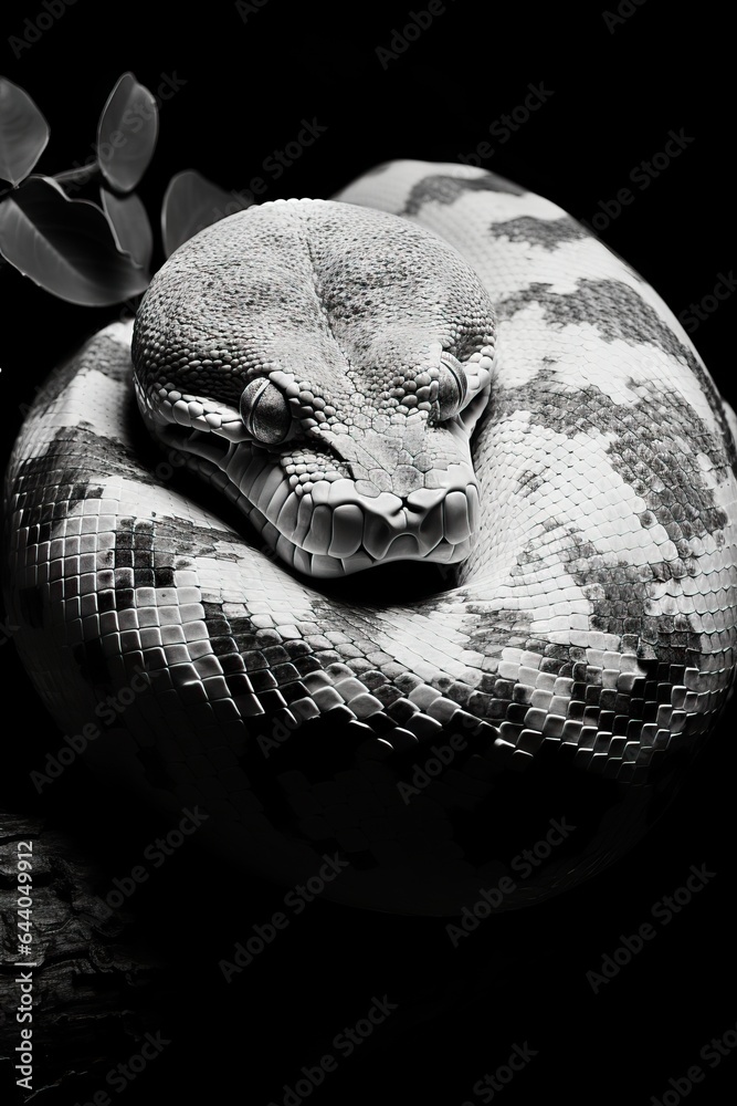 White common tree boa wrapping body around branch against black background in dark studio, black