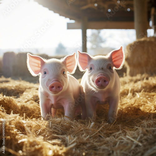 Close-up piglets playing in a pen strewn with straw, sweet little Pig
