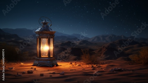 A lantern in the middle of a desert at night