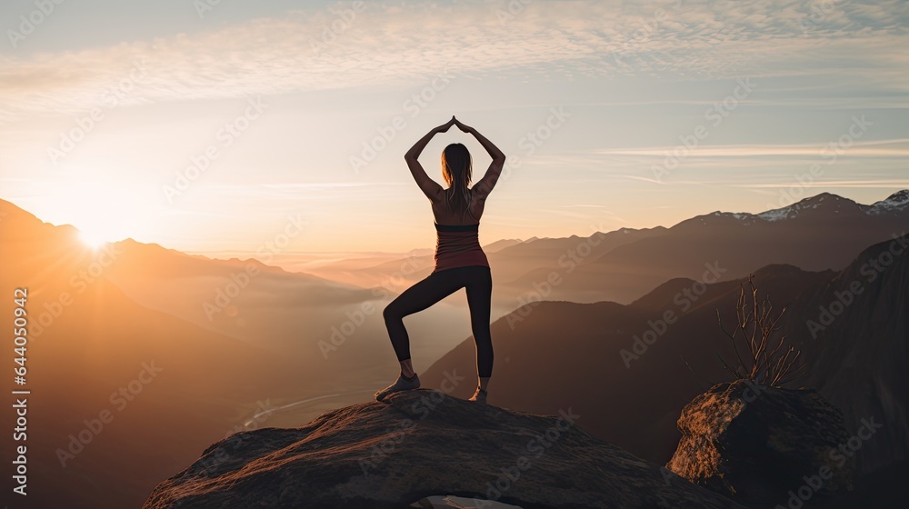 Model in activewear, performing a yoga pose on a mountain peak at sunrise Model in activewear, performing a yoga pose on a mountain peak at sunrise