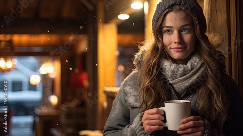 Model in a cozy winter ensemble, holding a cup of cocoa, set in a snow-laden cabin porch