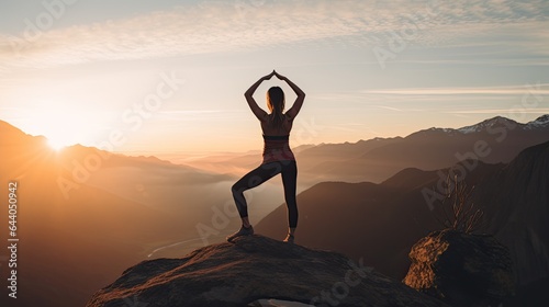 Model in activewear, performing a yoga pose on a mountain peak at sunrise